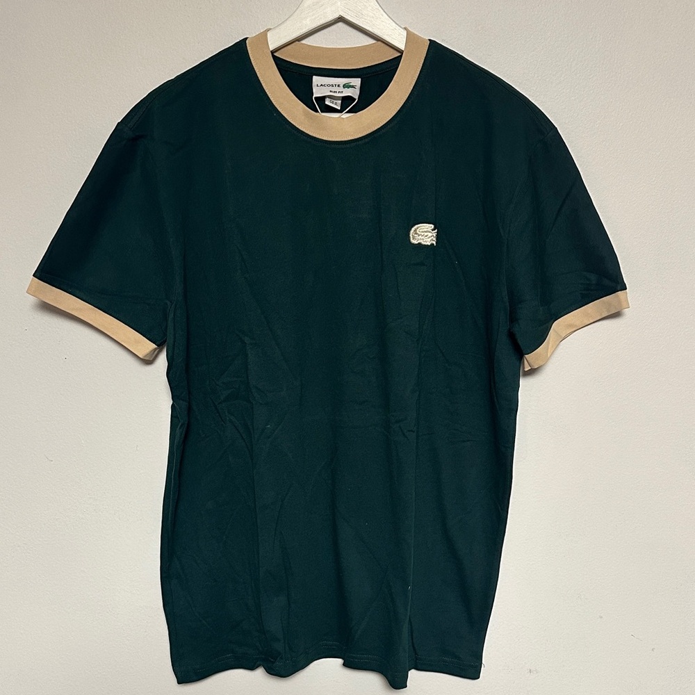 Lacoste Men's Dark Green Tee with Beige Trim